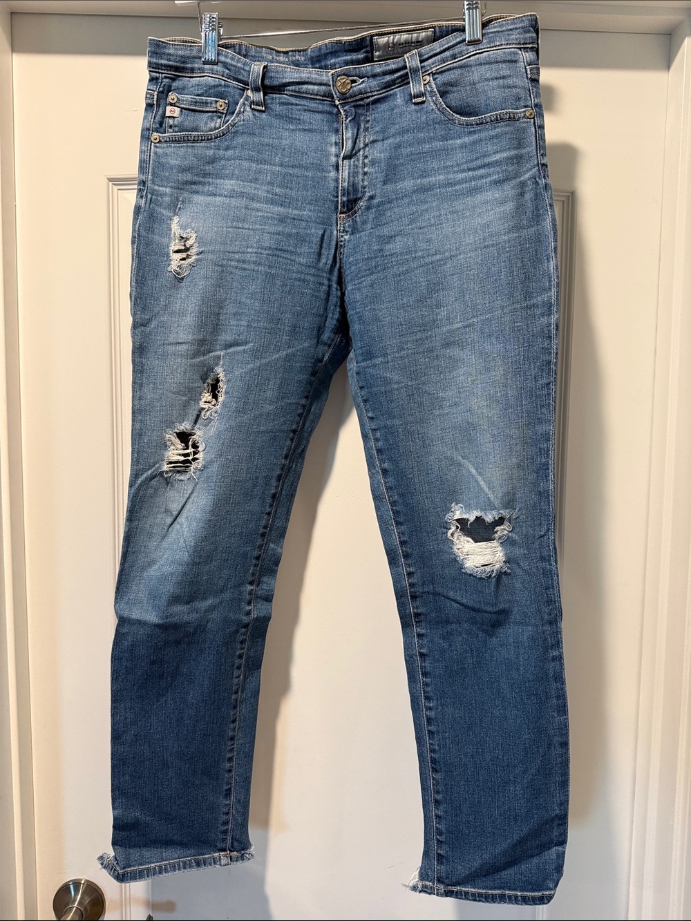 Ag Adriano Goldschmied Distressed Cropped Blue Jeans